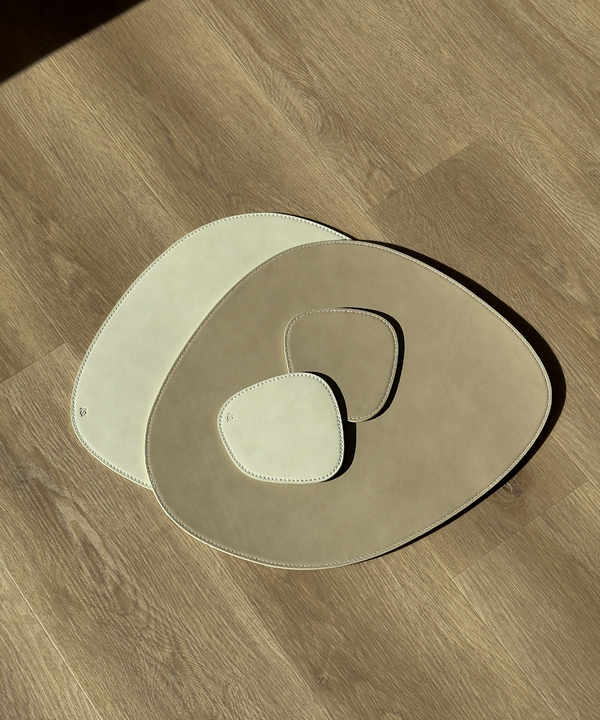 Asymmetrical reversible taupe/cream faux leather plate and glass coaster set | Jade