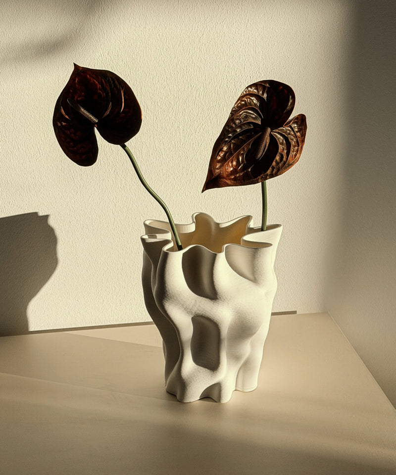 Cleo Vase mit dunkelroten Anthurien auf dem Sideboard im Sonnenlicht