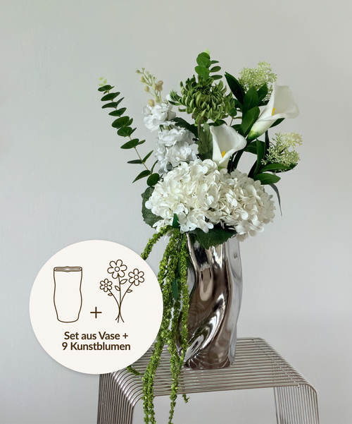 Green Silence Faux Flower Bouquet with Ceramic Vase in Chrome