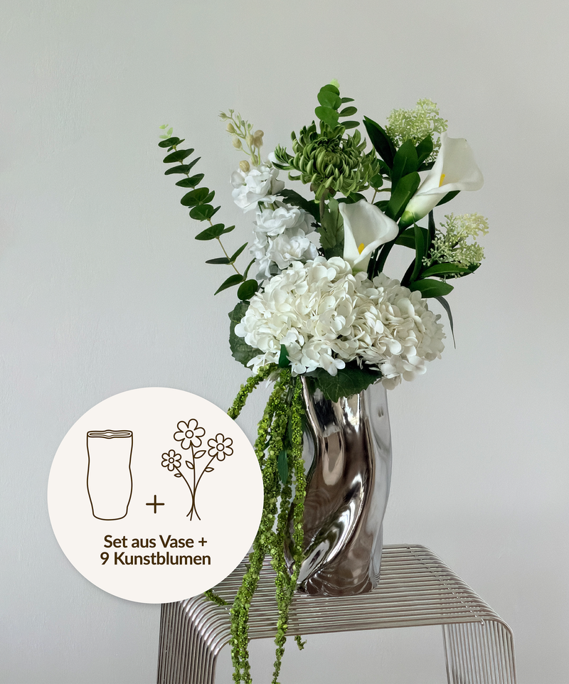 Green Silence Faux Flower Bouquet with Ceramic Vase in Chrome