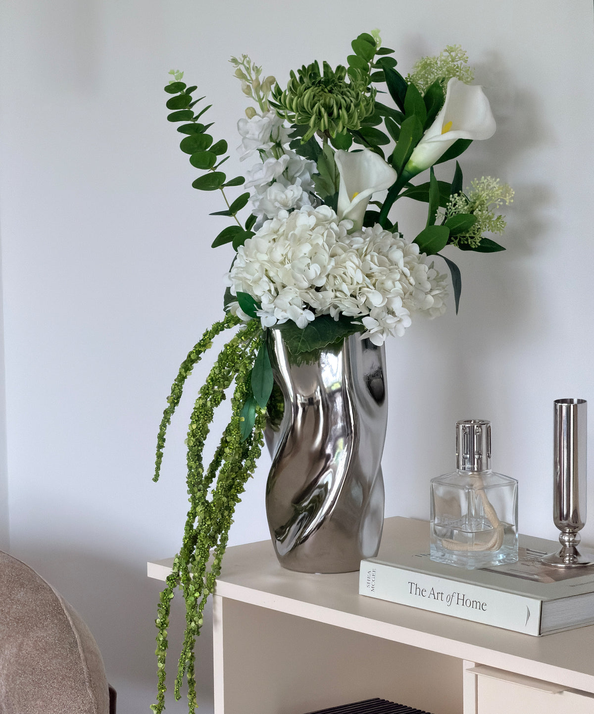 Green Silence Faux Flower Bouquet with Ceramic Vase in Chrome