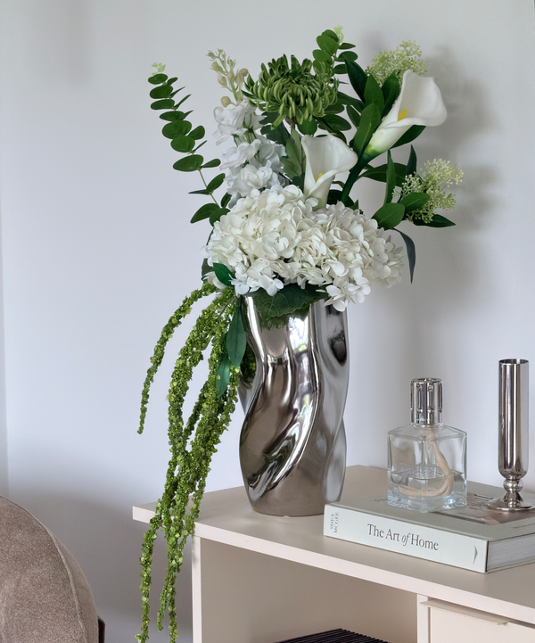 Green Silence Faux Flower Bouquet with Ceramic Vase in Chrome