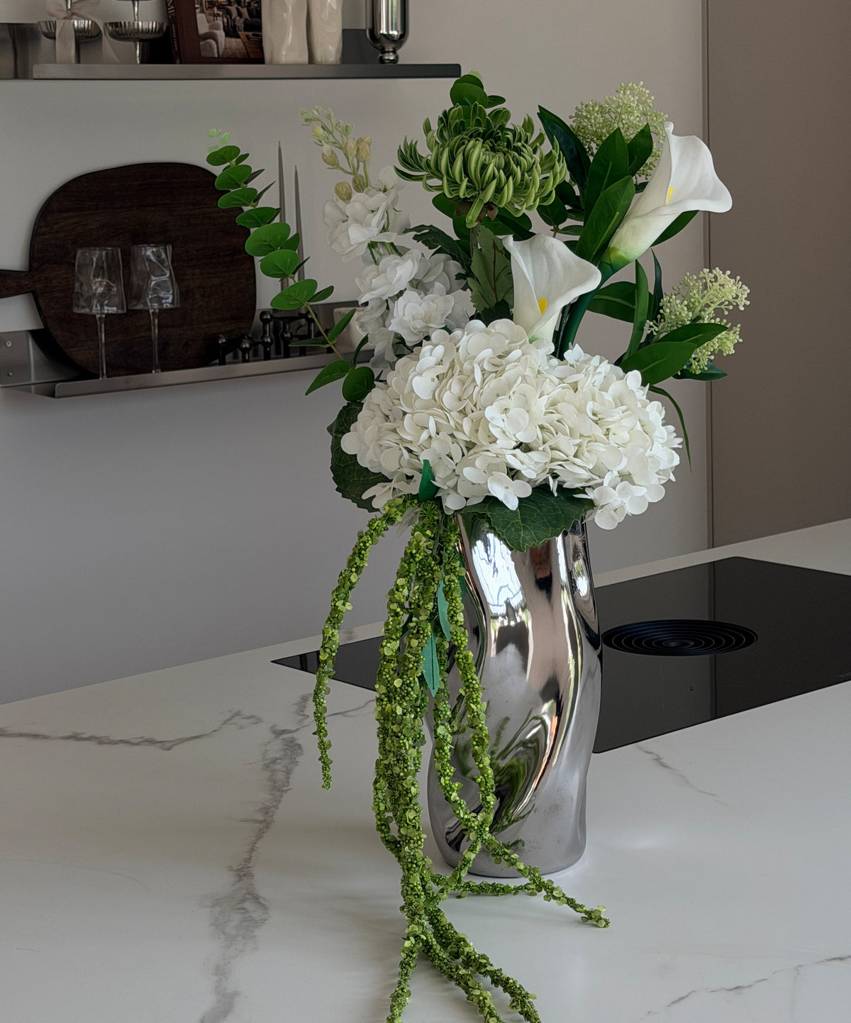 Green Silence Faux Flower Bouquet with Ceramic Vase in Chrome