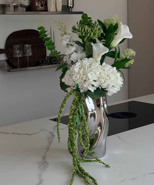 Green Silence Faux Flower Bouquet with Ceramic Vase in Chrome