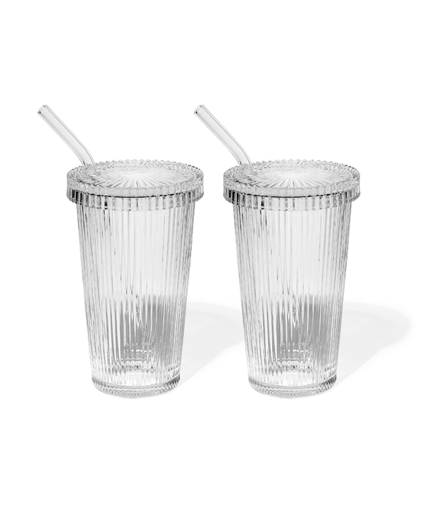 Fluted glass with glass lid & glass straw (380ml) | Paris