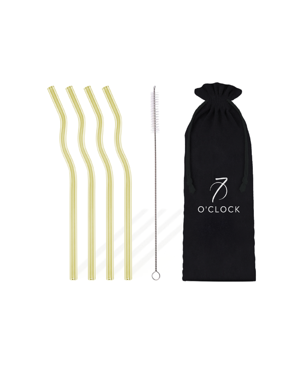 Set of 4 long yellow glass straws in wave design (20cm) | Luna
