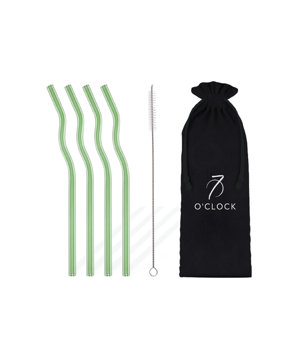 Set of 4 long green glass straws in wave design (20cm) | Luna
