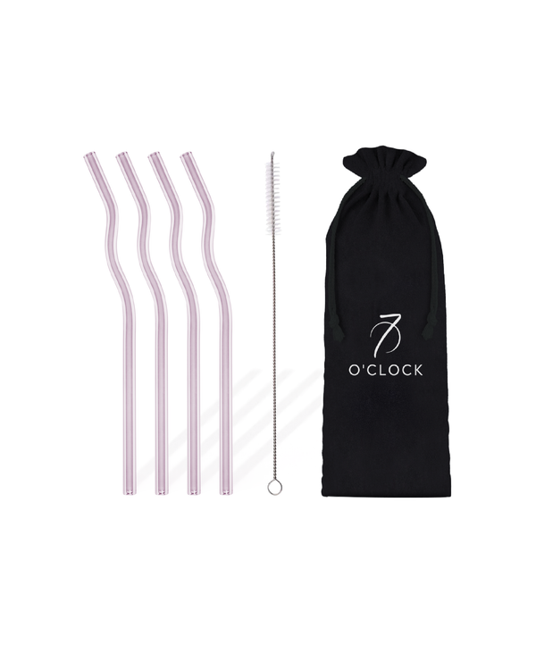 Set of 4 long pink glass straws in wave design (20cm) | Luna