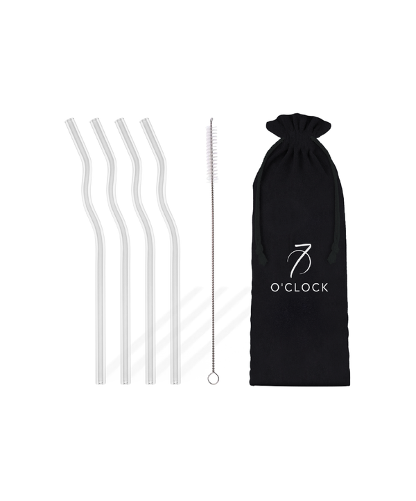 Set of 4 long transparent glass straws in wave design (20cm) | Luna