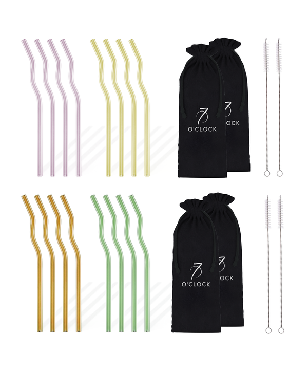 4 x set of 4 long glass straws in wave design (20cm) | Colorful
