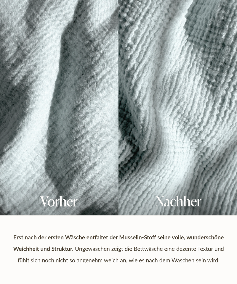 Hellblaue Musselin Einzelbettwäsche, Serie Haven – Nahaufnahme der Oberfläche