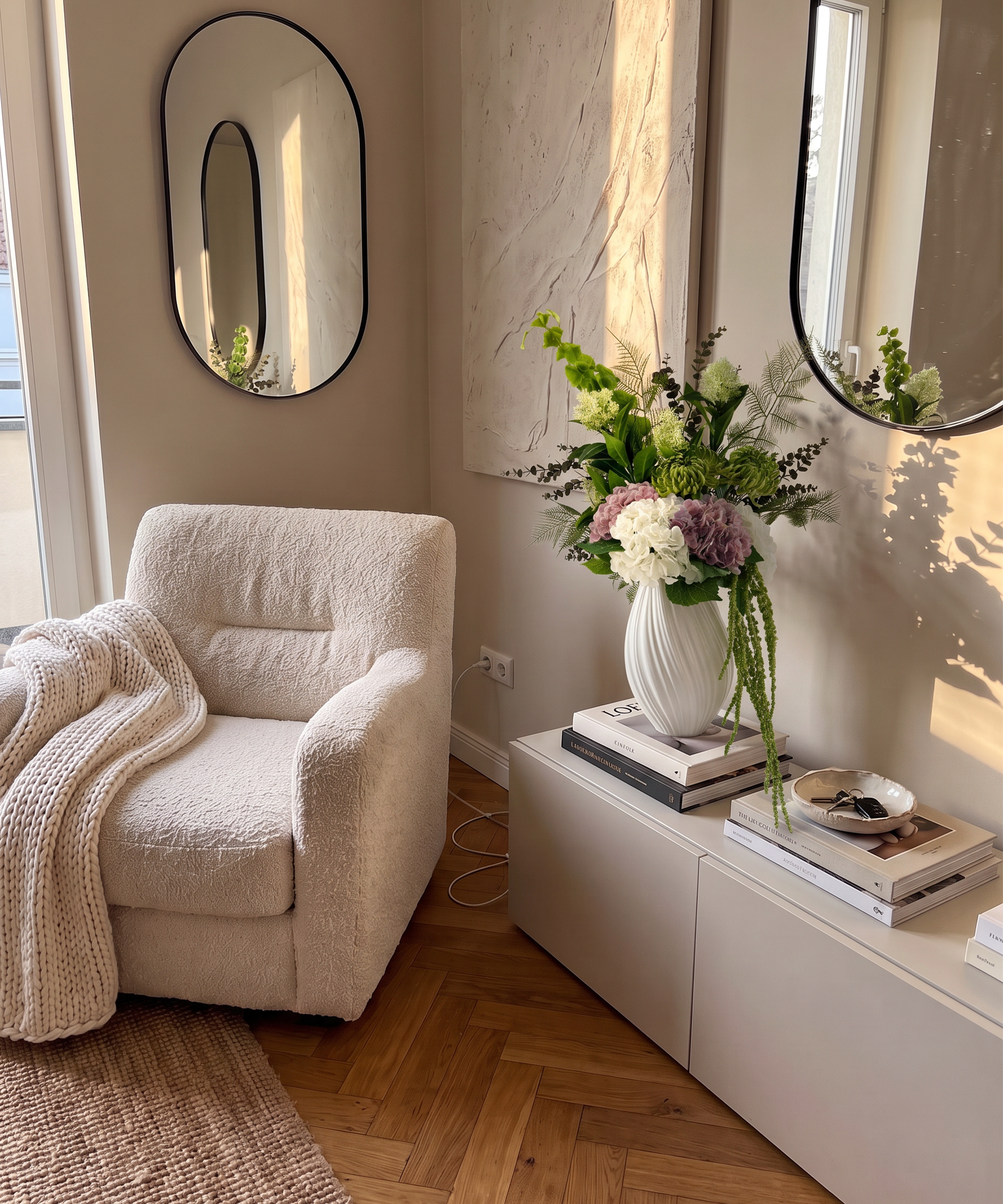 Kunstblumen-Bouquet Grand Nature 14er in Weiß, Altrosa und Grün aus der Serie Bloom – Seitenansicht