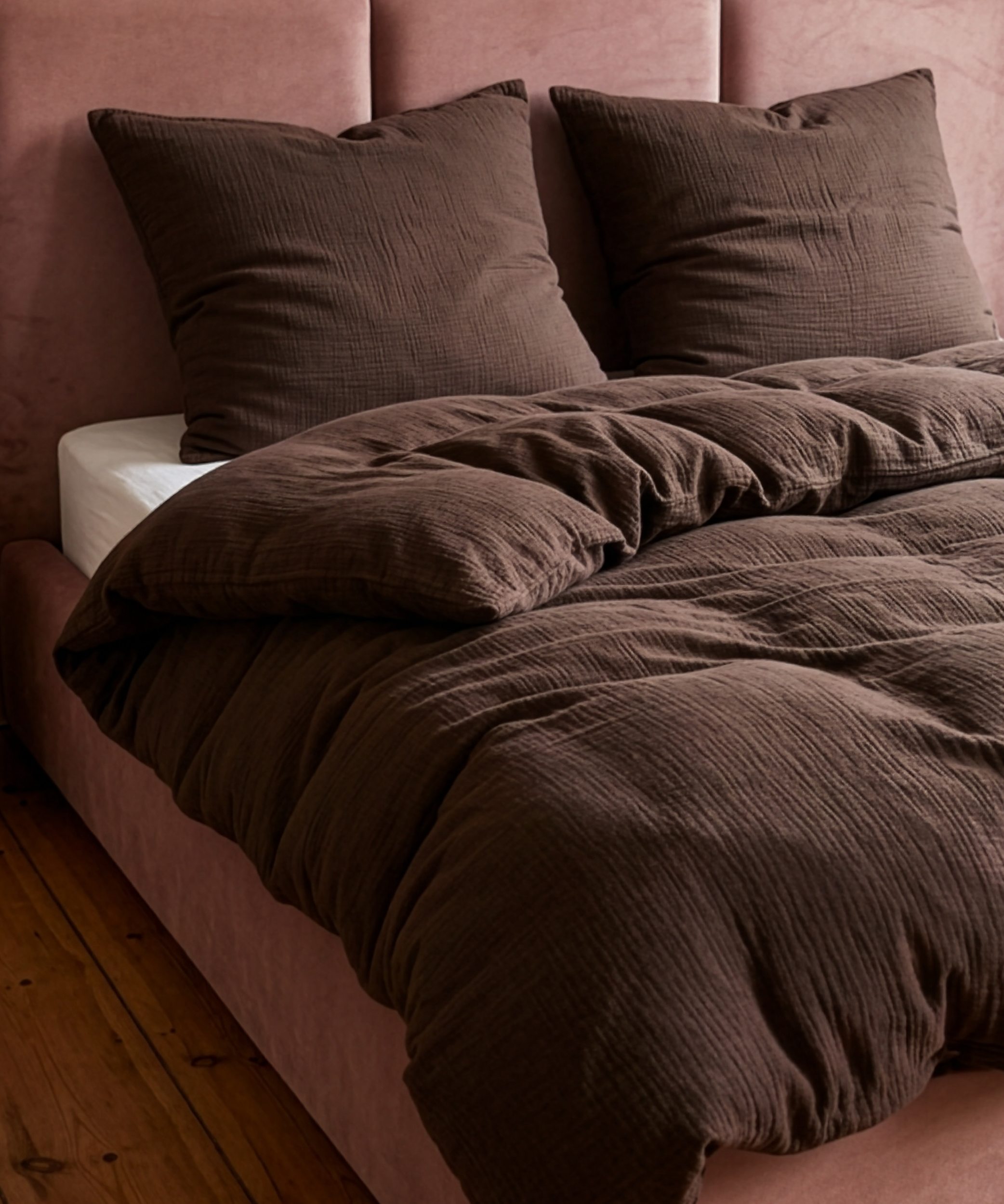 Dark brown muslin double bed linen | Haven