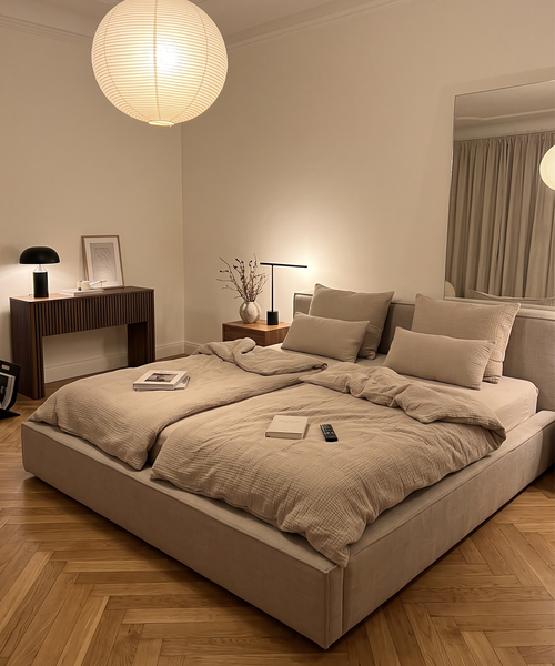 Beige Musselin Einzelbettwäsche, Serie Haven – Nahaufnahme der Oberfläche