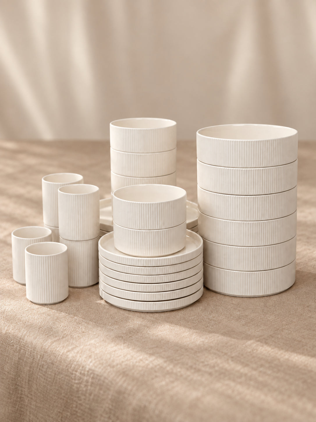 Dinnerware Set with Cups, Ribbed, Creamy White Glossy | Nia