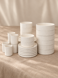 Dinnerware Set with Cups, Ribbed, Creamy White Glossy | Nia