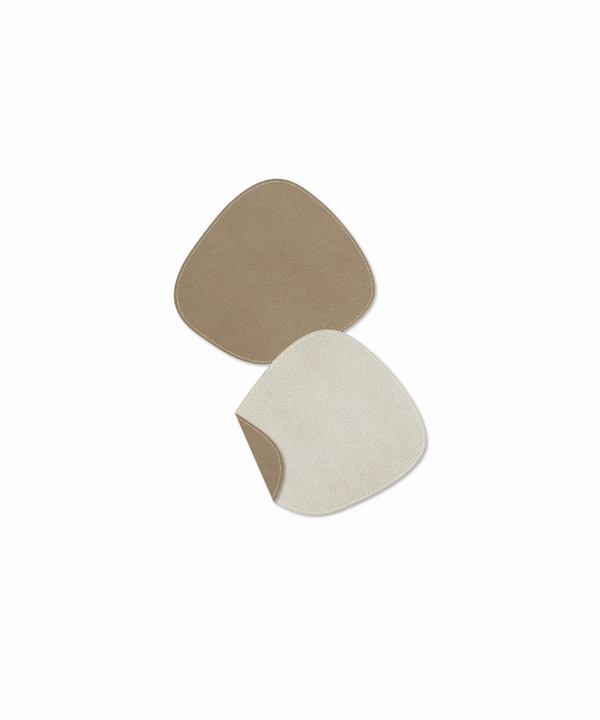 Asymmetrical reversible taupe/cream faux leather coasters | Jade