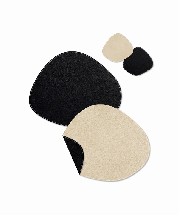 Asymmetrical reversible black/beige faux leather plate and glass coaster set | Jade