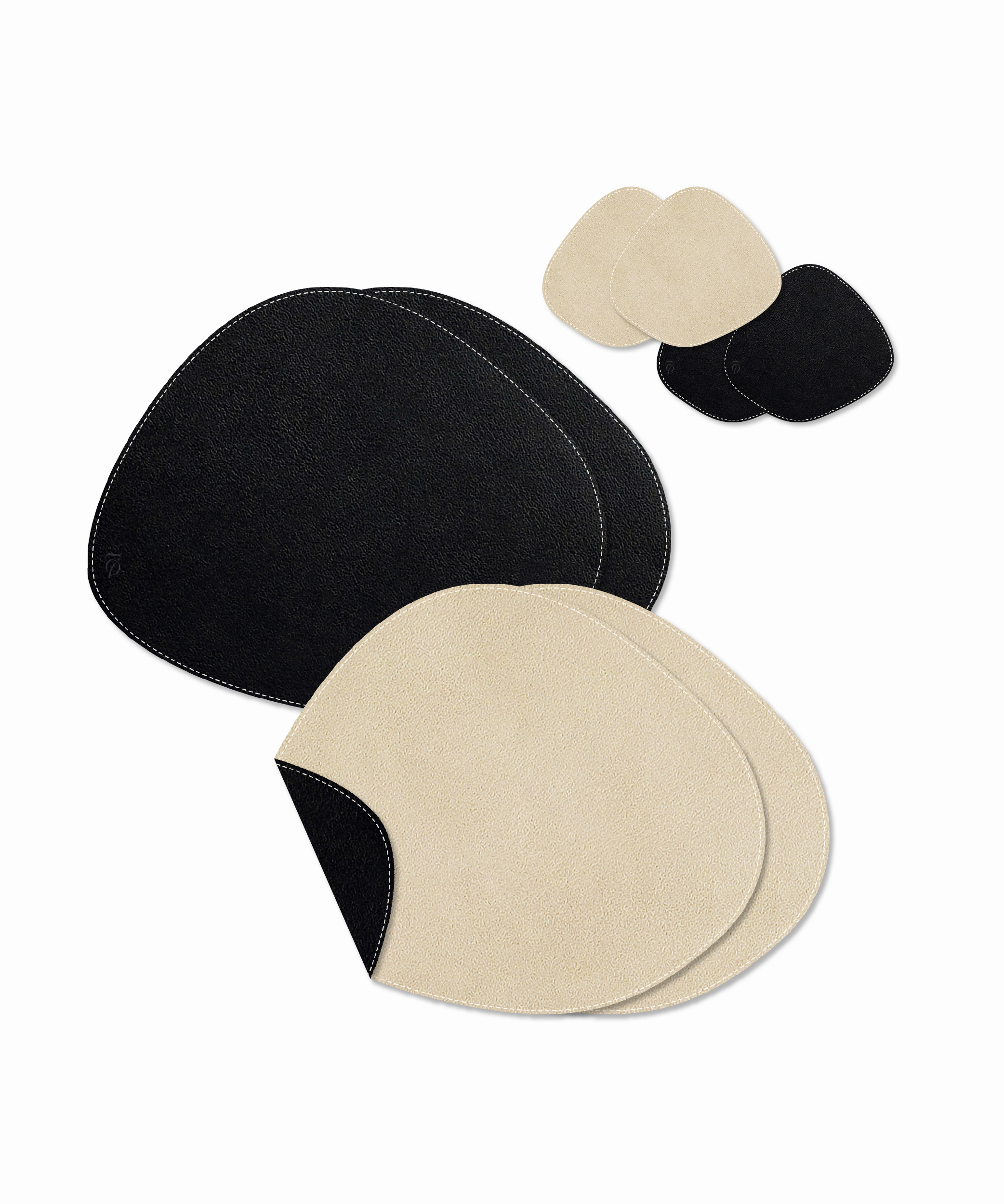 Asymmetrical reversible black/beige faux leather plate and glass coaster set | Jade