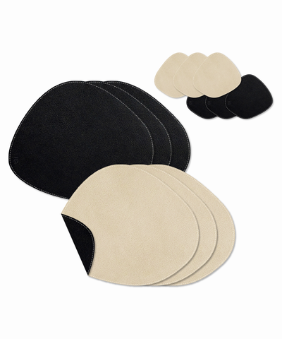 Asymmetrical reversible black/beige faux leather plate and glass coaster set | Jade