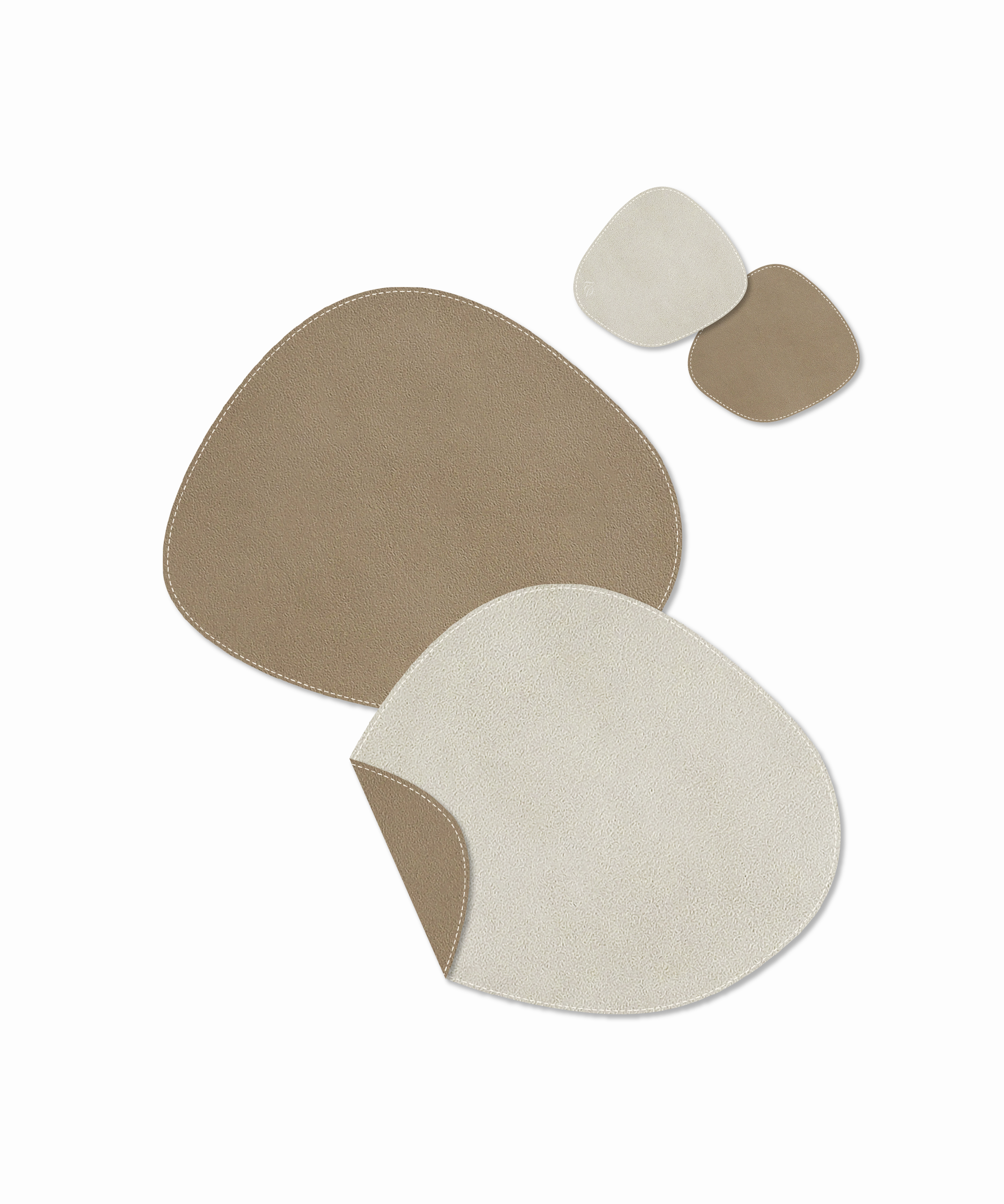 Asymmetrical reversible taupe/cream faux leather plate and glass coaster set | Jade