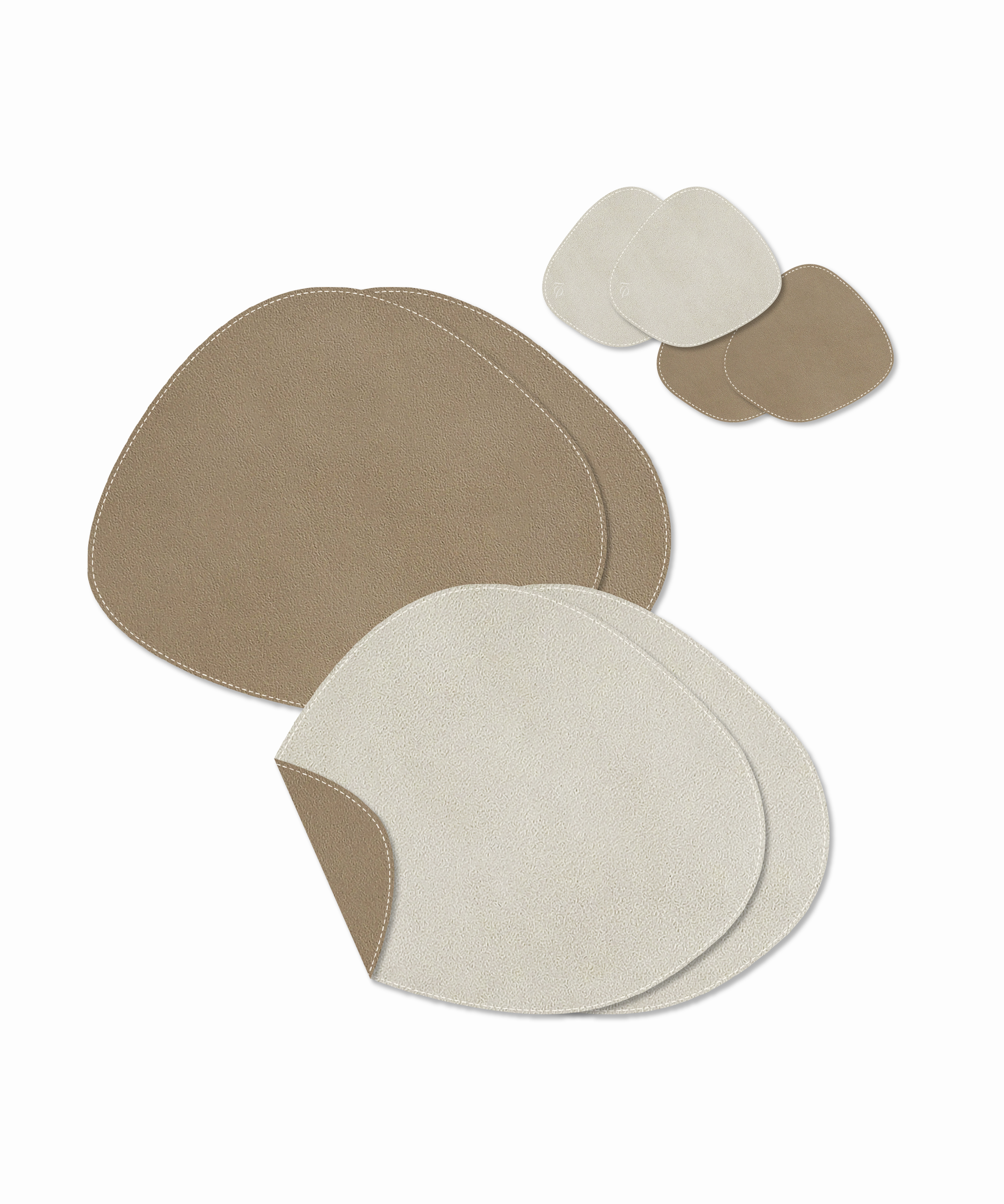 Asymmetrical reversible taupe/cream faux leather plate and glass coaster set | Jade