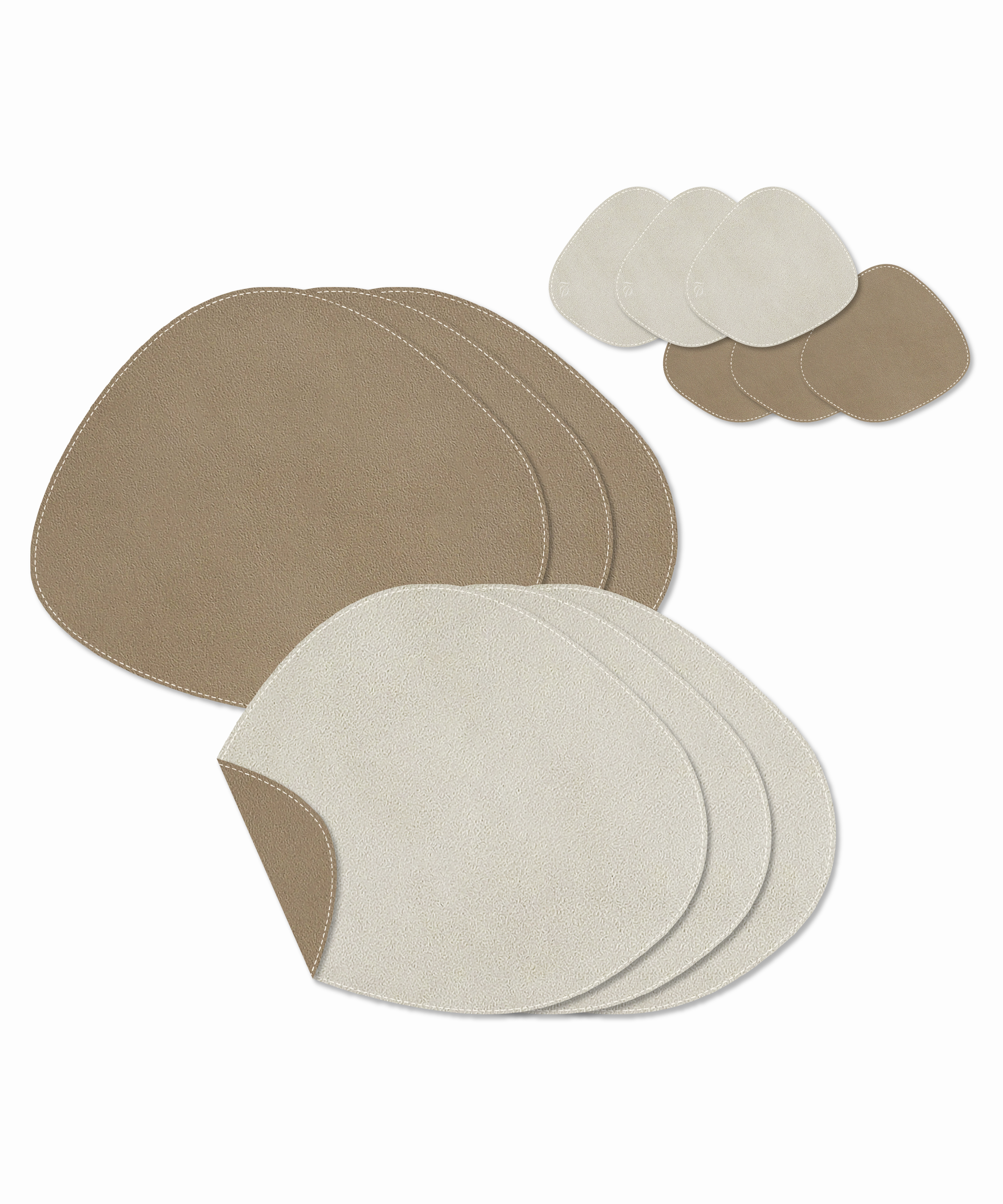 Asymmetrical reversible taupe/cream faux leather plate and glass coaster set | Jade