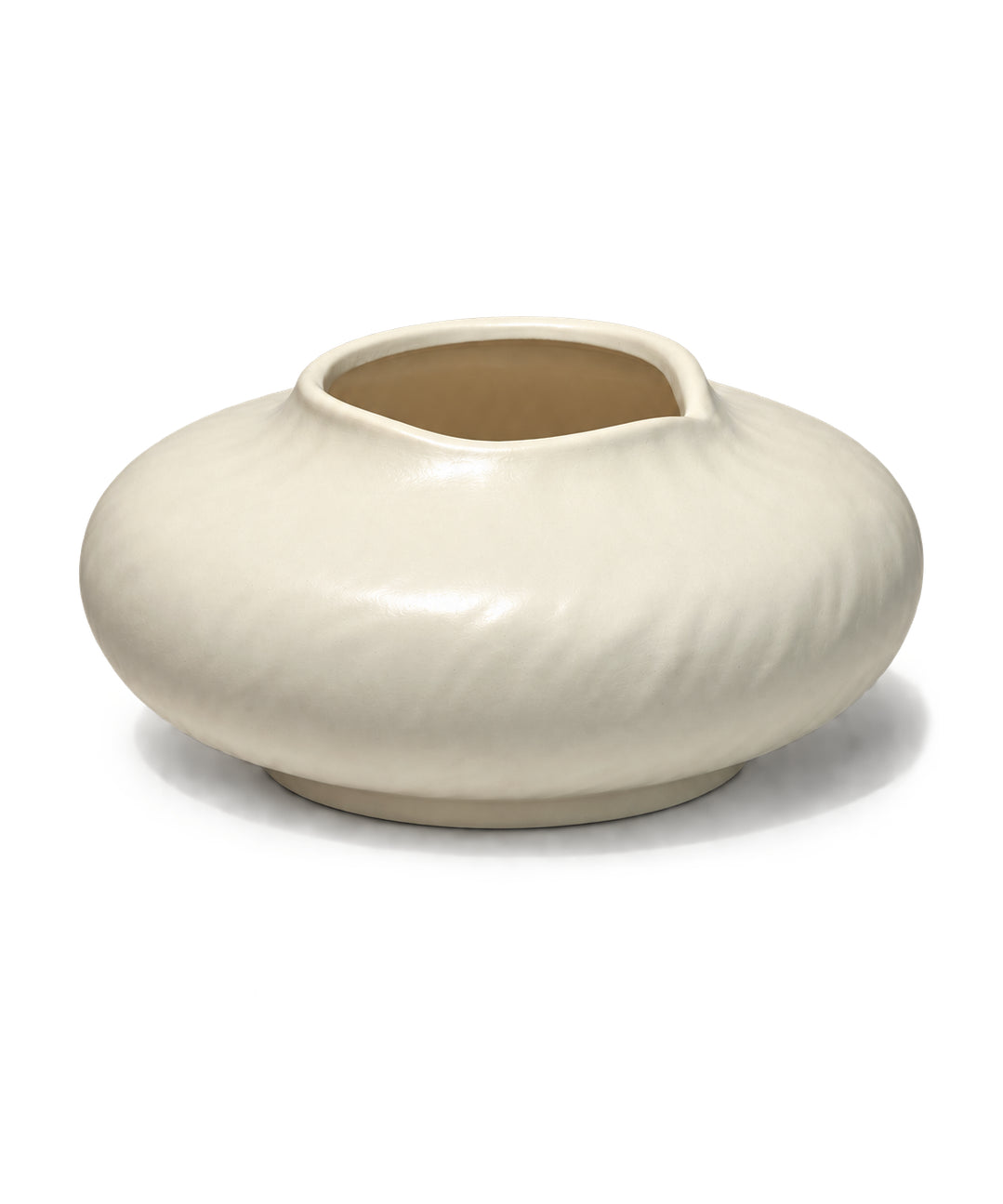 Flache runde Keramikvase in warmem Cremeweiß 12cm