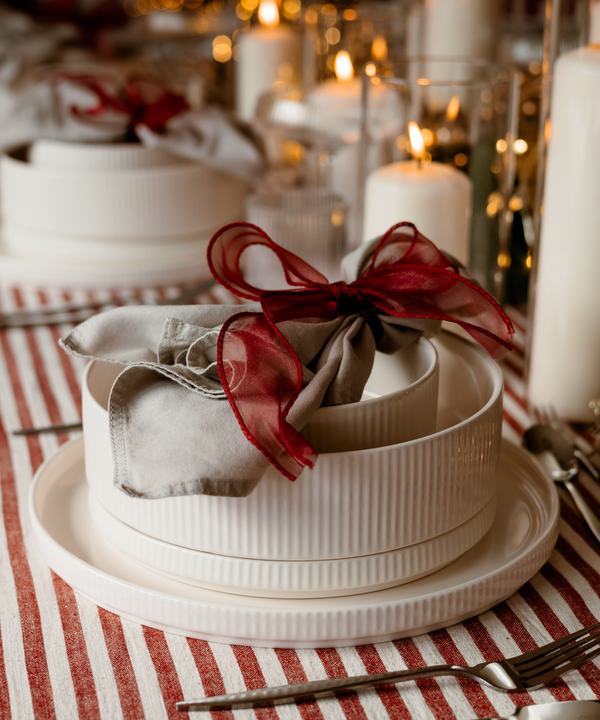 Set of 2 small, ribbed, cream-white, glossy bowls | Nia