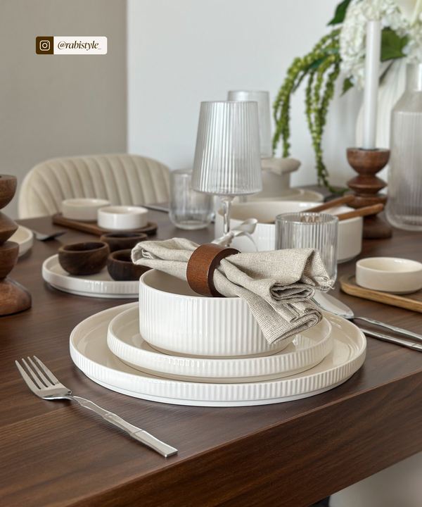 Set of 2 small, ribbed, cream-white, glossy bowls | Nia