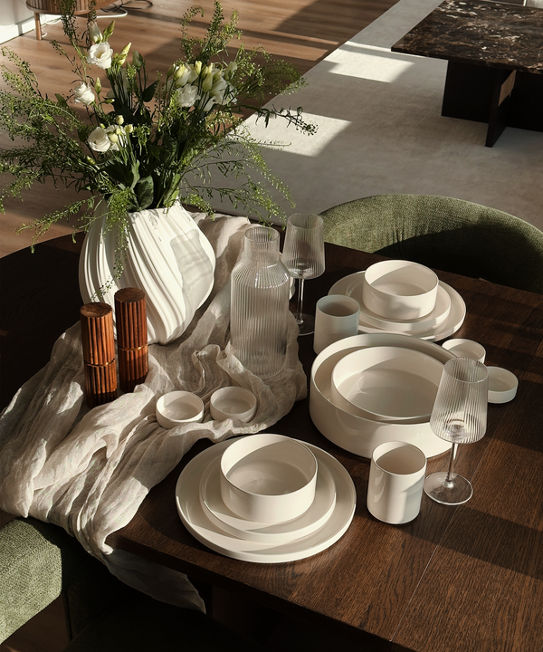 Dinnerware Set with Cups, Cream White Glossy | Nia