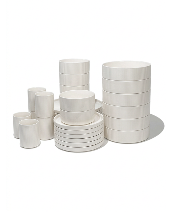 Geschirr Set mit Tassen gerillt cremeweiß-glänzend | Nia