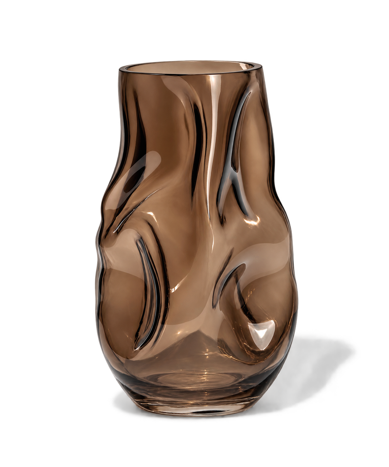 Large Glass Vase in Brown Smoked Glass with an Organic Curved Silhouette | Nuru