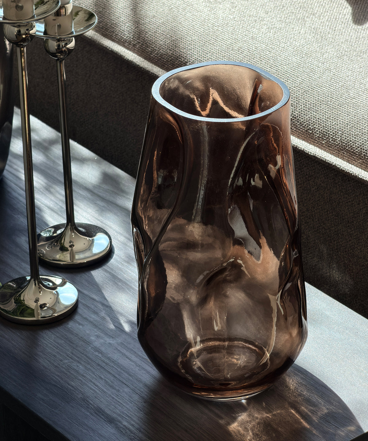 Large Glass Vase in Brown Smoked Glass with an Organic Curved Silhouette | Nuru