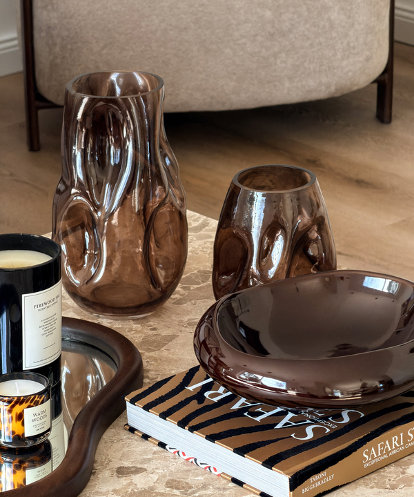 Large Glass Vase in Brown Smoked Glass with an Organic Curved Silhouette | Nuru