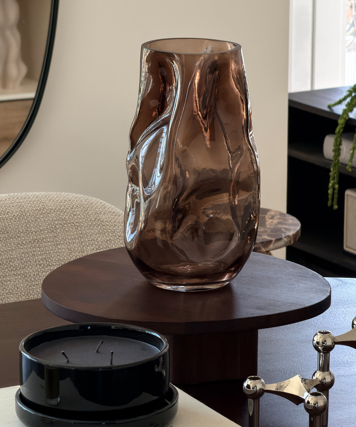 Large Glass Vase in Brown Smoked Glass with an Organic Curved Silhouette | Nuru