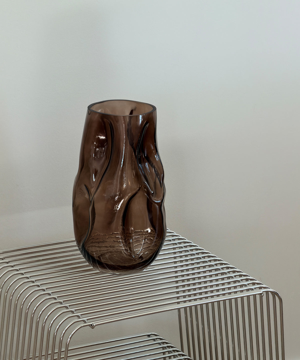Large Glass Vase in Brown Smoked Glass with an Organic Curved Silhouette | Nuru