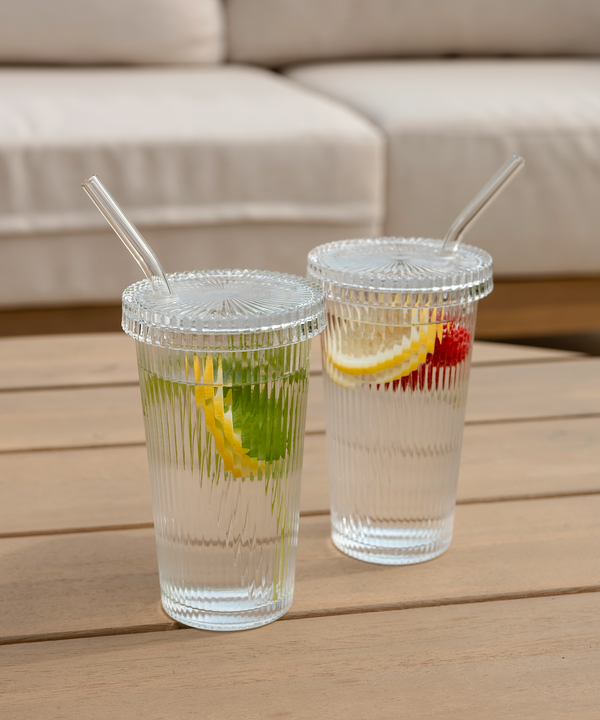 Ribbed glass with glass lid &amp; glass straw | Paris