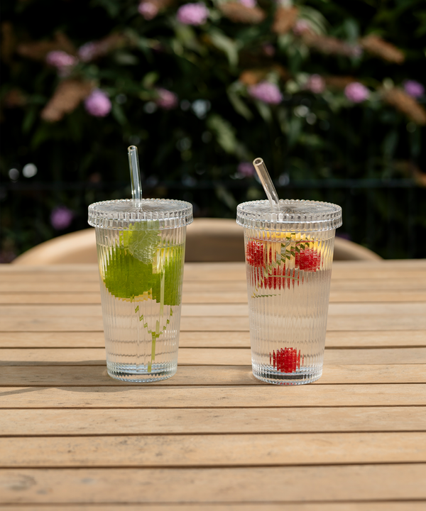 Ribbed glass with glass lid &amp; glass straw | Paris