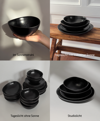 Handmade black ceramic tableware set in organic shape