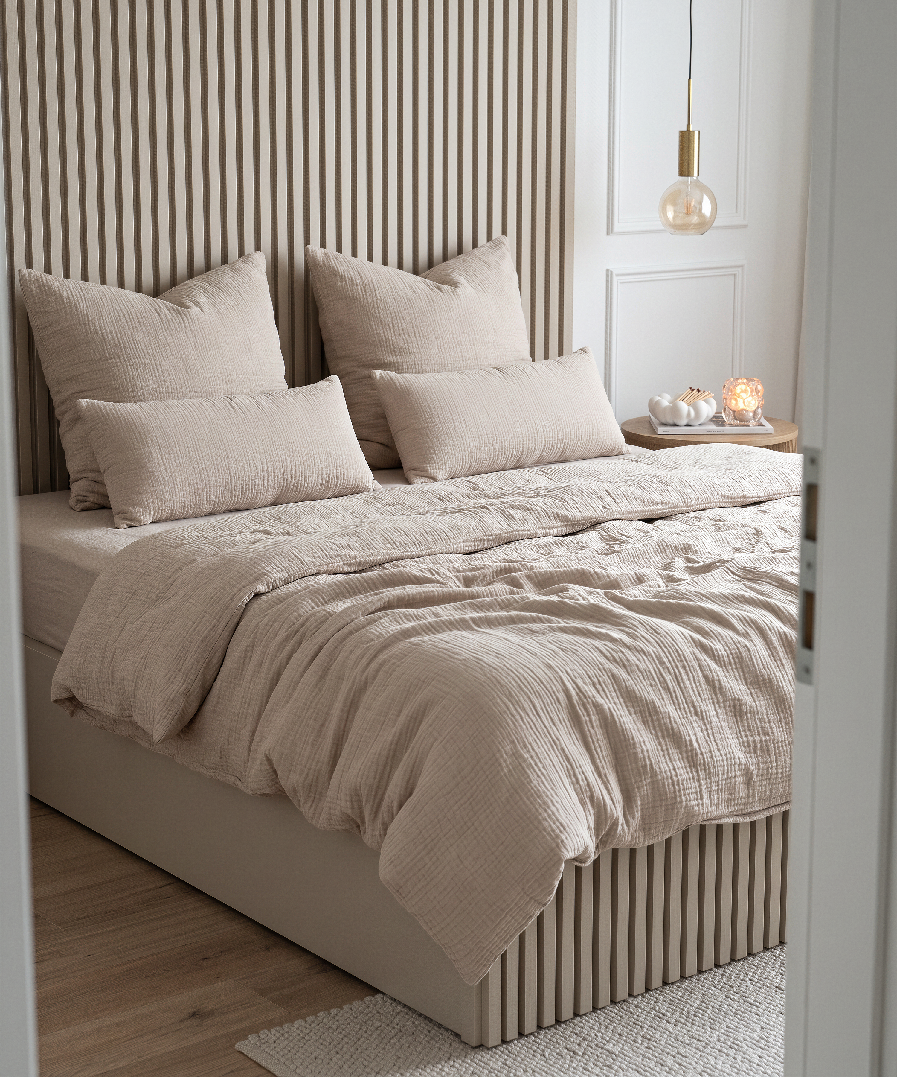Haven Doppelbett-Set Beige | 1× Musselin Doppelbettwäsche + 2× Kissenbezug 40×80